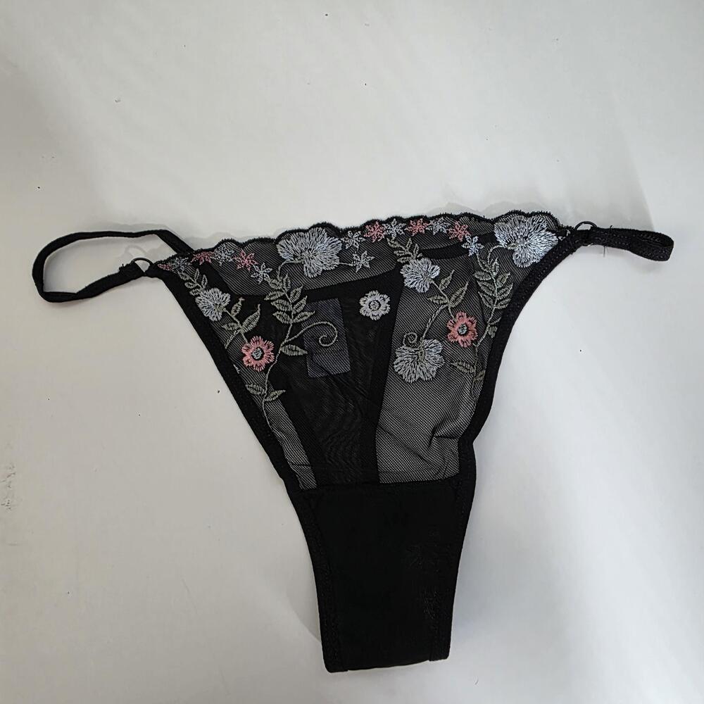 Knotty Knickers Panties Womens L Black Thong Sheer Mesh Embroidered High Leg